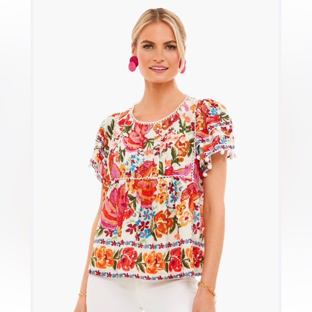 FARM Rio Multicolor Floral Embroidered Puff-Sleeve Top